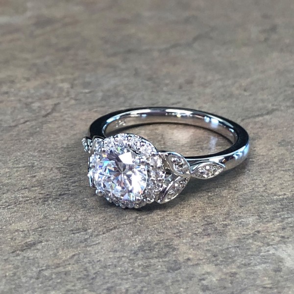 14K White Gold Floral Halo Engagement Ring